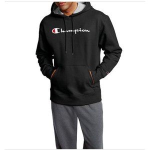 Champion Men's Large Black Script Logo Powerblend Hoodie Pullover Sweatshirt